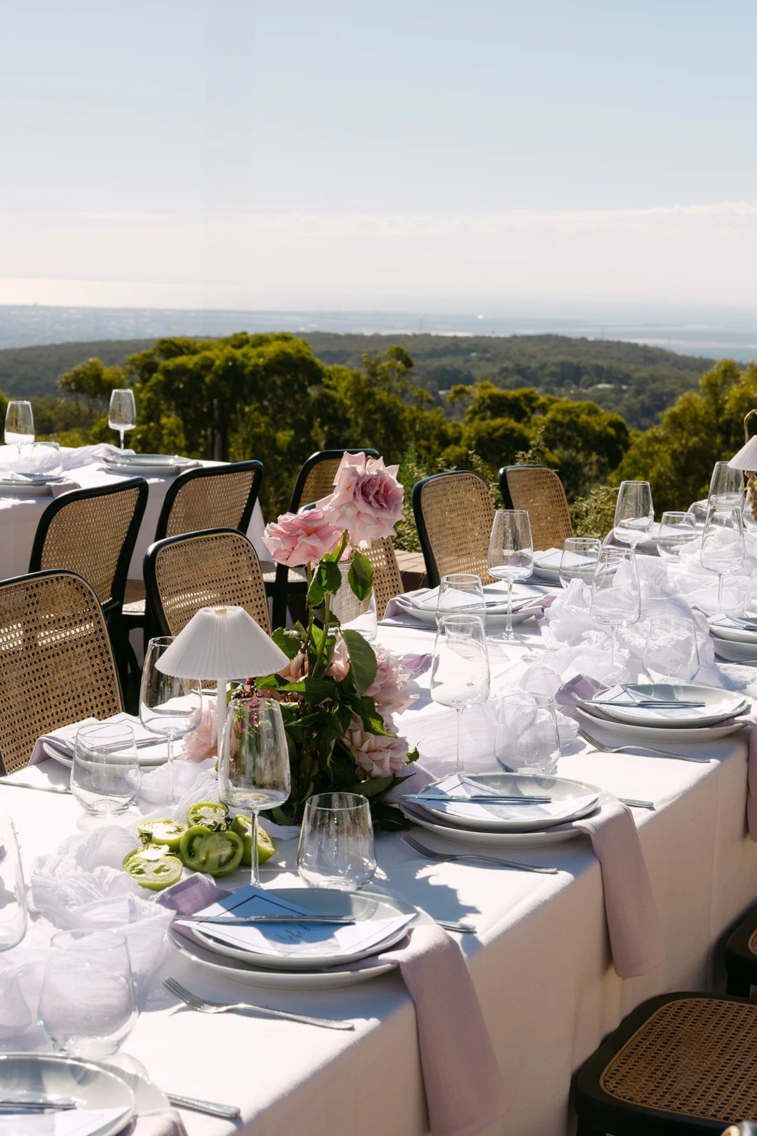 Elegant outdoor dining table set with glassware, plates, cutlery, pink flowers, and lamps against a scenic landscape with trees and a body of water in the distance.