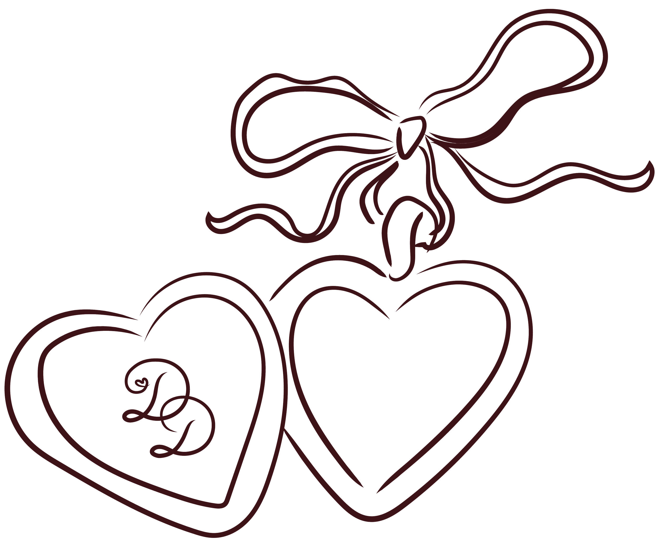 Line art of a heart with flowing lines and decorative scrolls, primarily in dark red on a black background.