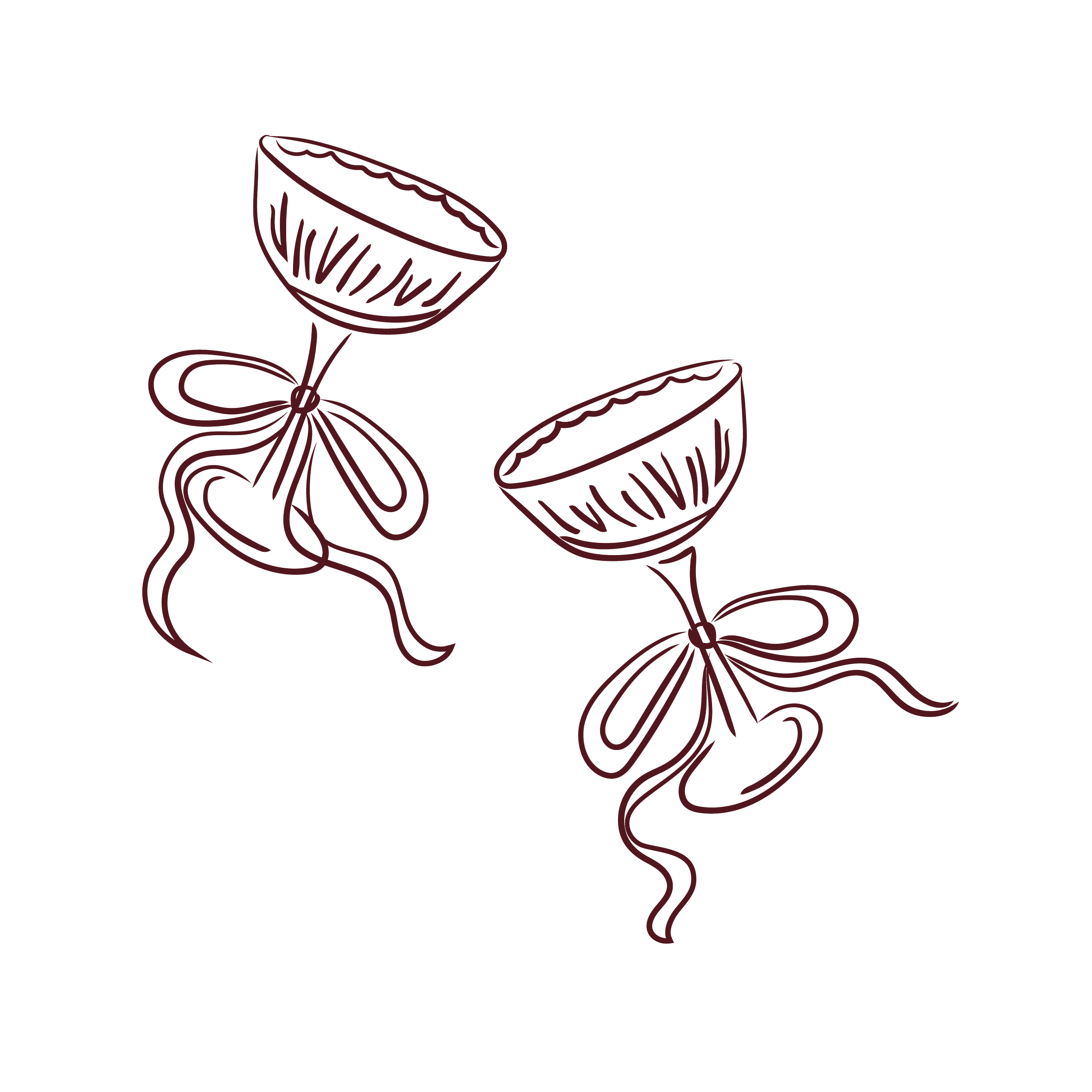 Illustration of three wine glasses with ribbons tied around their stems, on a black background.