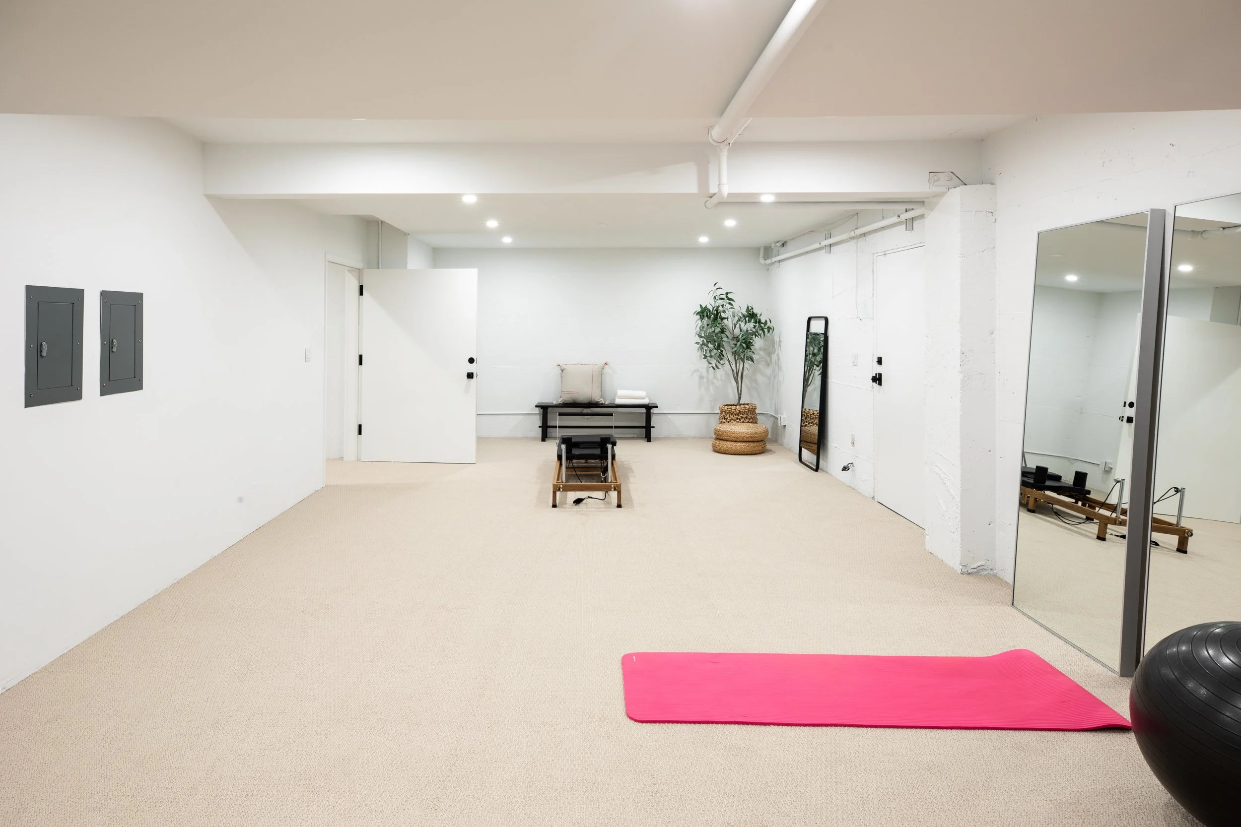 Indoor exercise space with white walls, beige carpet, pink yoga mat, black exercise balls, mirror, bench, and potted plant.
