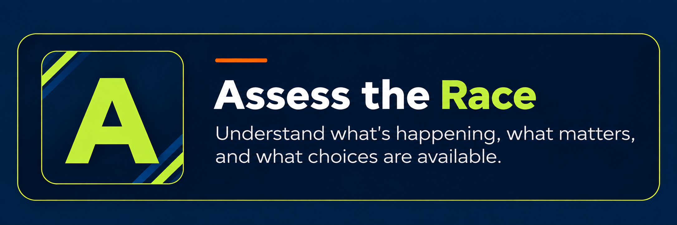 Graphic with a large yellow letter 'A' inside a navy blue box with diagonal yellow and blue stripes. Text reads 'Assess the Race' with 'Race' highlighted in green, and smaller text underneath saying 'Understand what's happening, what matters, and what choices are available.'