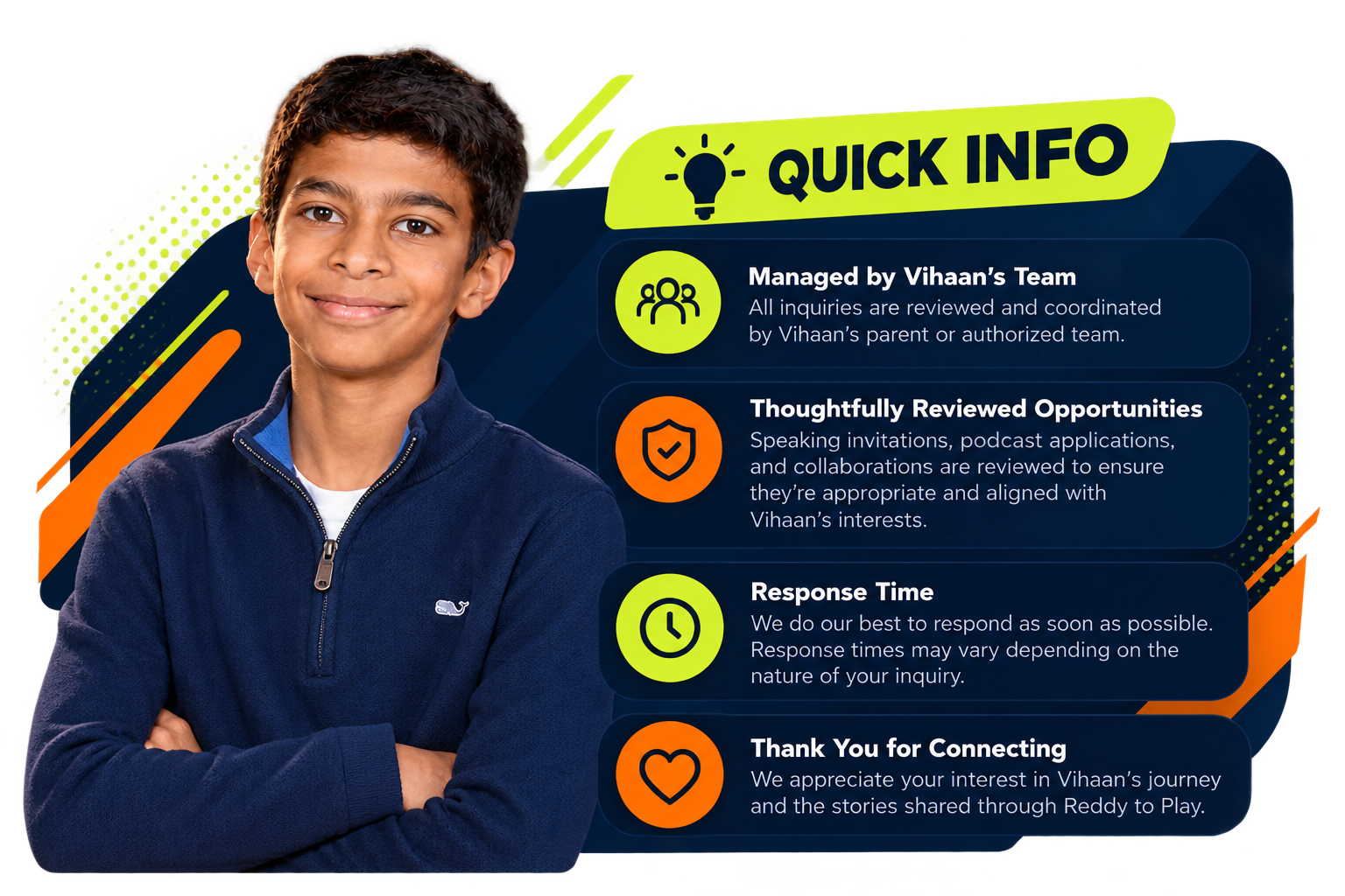 A boy wearing a navy blue hoodie smiling, with a graphic overlay of information about Vihaan's communication process, including icons and bullet points about management, review, response time, and gratitude.