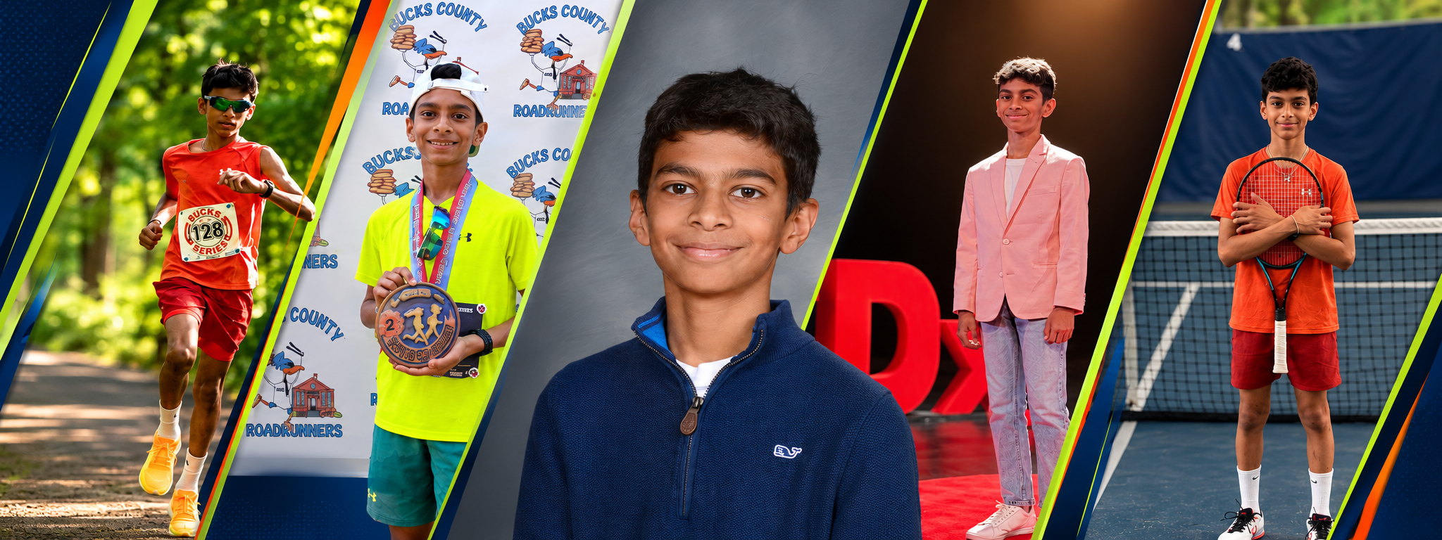 Collage of five children in different settings: a boy running outdoors, a boy with medals in front of a 'Bucks County Road Runners' backdrop, a boy smiling in a studio with a gray background, a boy in a pink blazer at a TEDx event, and a boy holding a tennis racket on a tennis court.