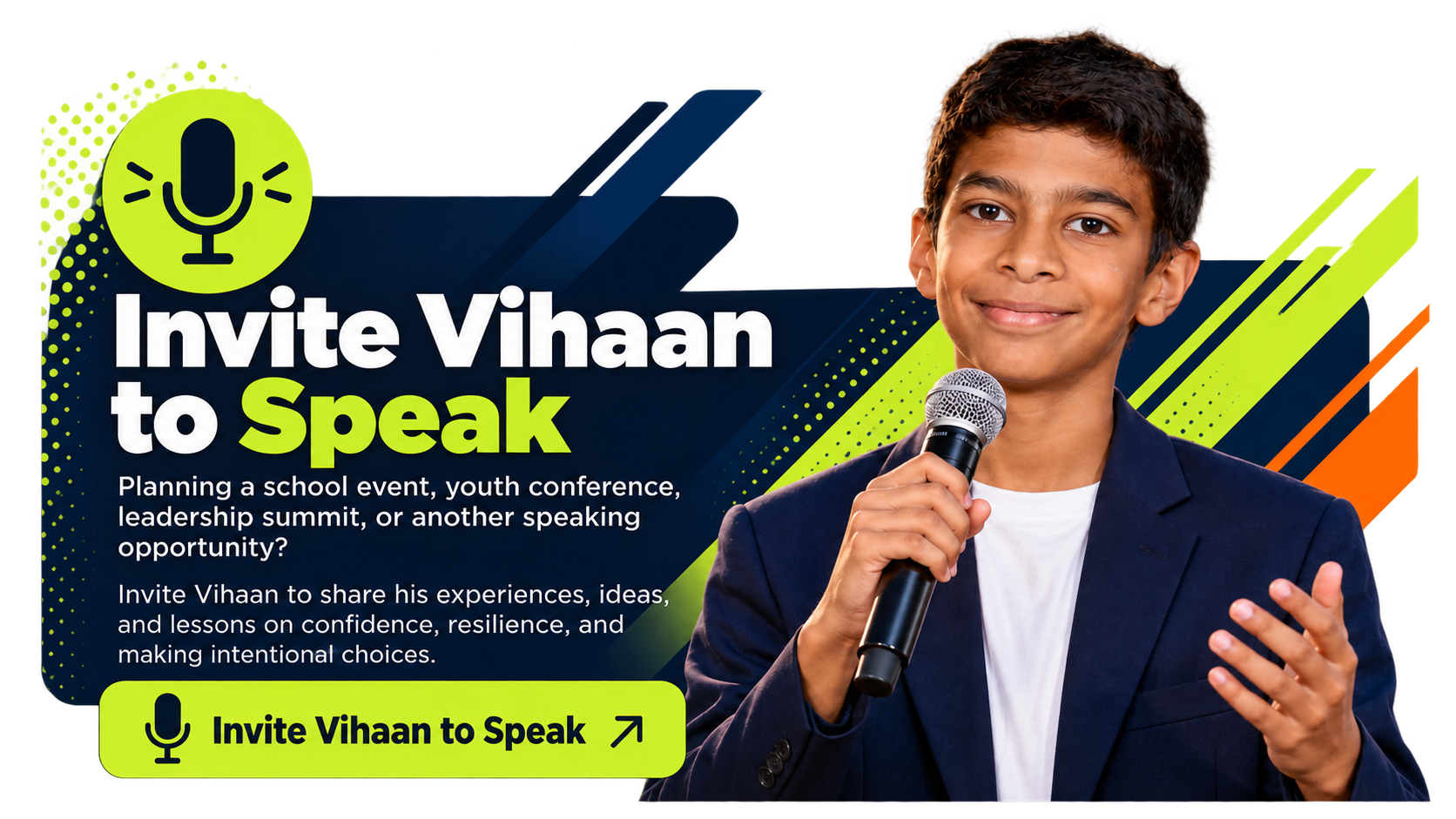 A young boy holding a microphone, smiling, with text encouraging inviting Vihaan to speak at events like school functions and conferences. The background has colorful abstract shapes and a logo with a microphone icon.