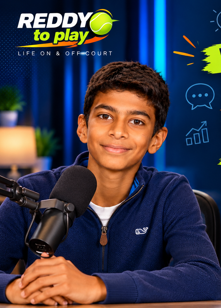 A boy sitting at a table with a microphone in front of him, smiling at the camera. The background features a blue curtain, green plants, and graphics related to tennis and sports.