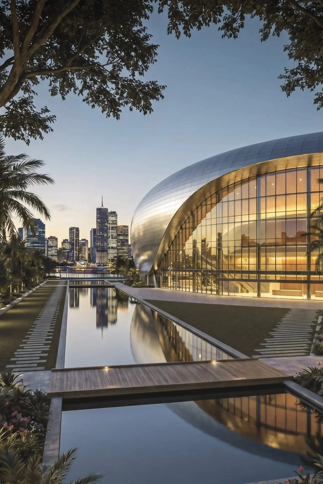 Modern architectural building with a curved glass exterior, adjacent reflecting pool, and city skyline in the background during dusk.