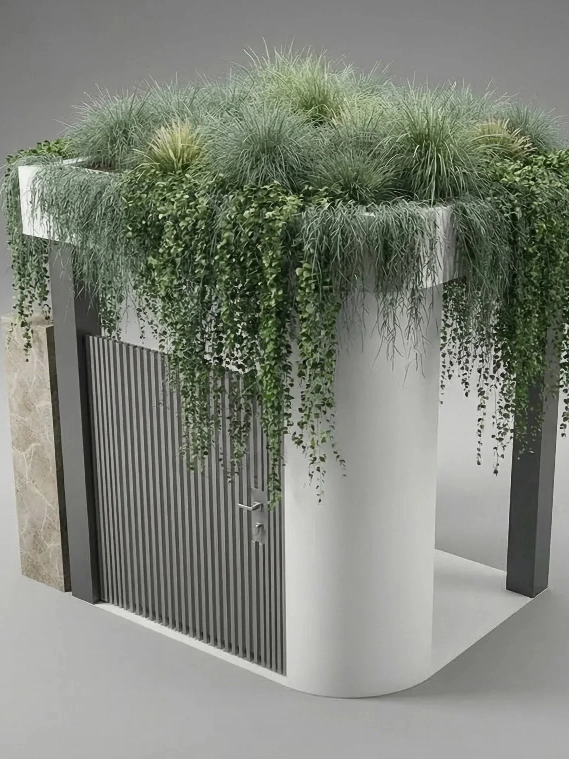 Indoor decorative plant display with greenery on top of a modern structure, featuring a grey wall background.