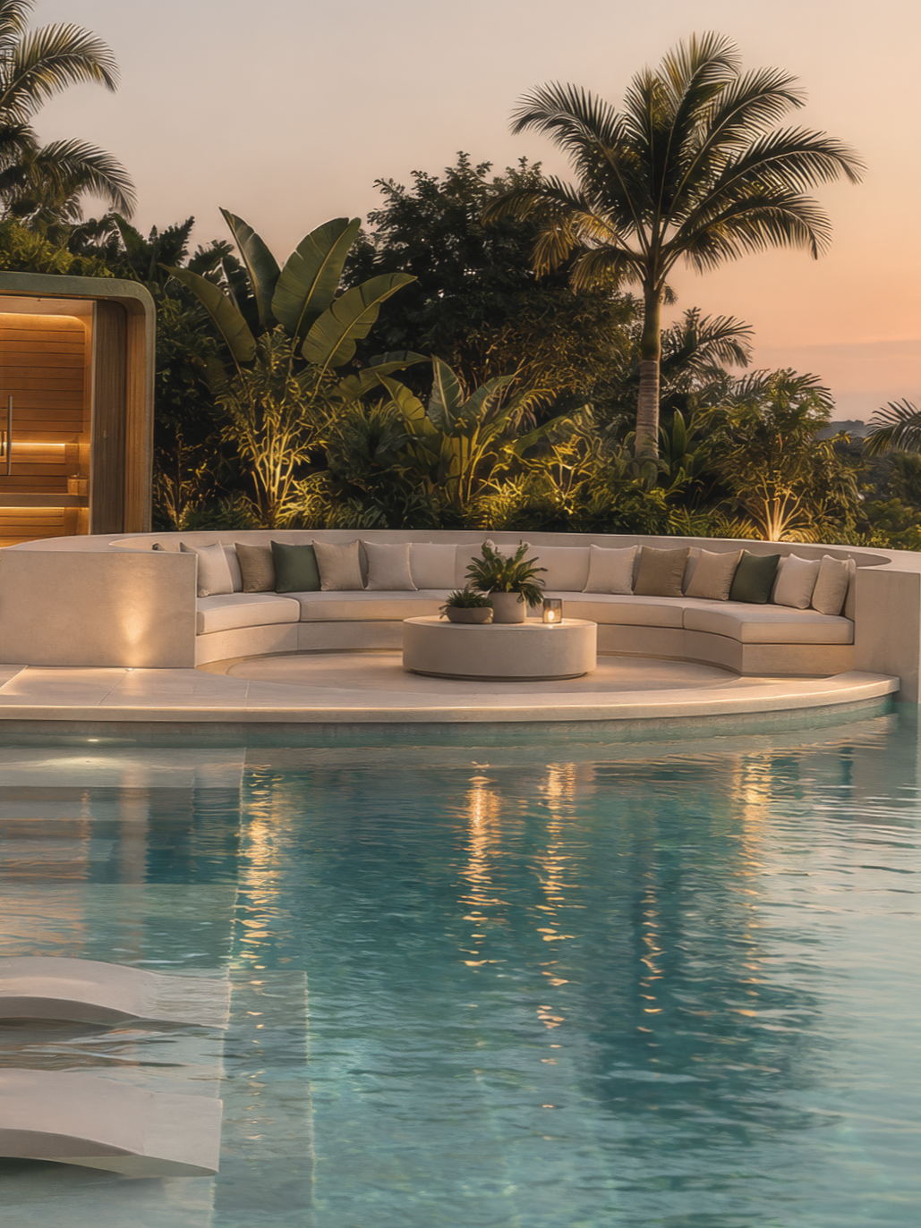 Luxury poolside seating area with white curved couch and thrown pillows, tropical plants and palm trees in the background, warm sunset lighting