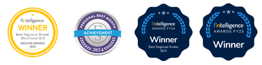 Three award badges with achievement titles and logos.