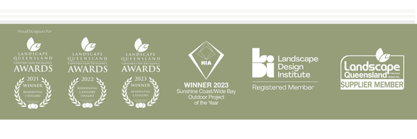 A horizontal banner displaying various awards and recognitions, including Landscape Queensland Awards 2021, 2022, 2023, a HIA Winner 2023 award, and logos for the Landscape Design Institute and Landscape Queensland Supplier Member.