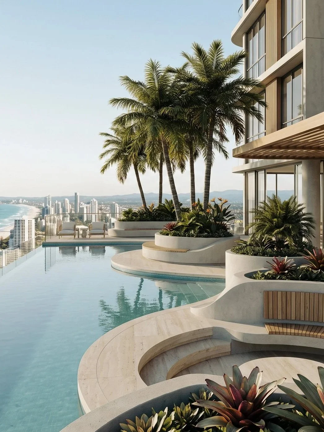 A luxurious gold coast inspired rooftop infinity pool with city views, surrounded by lush plants and tall palm trees, adjacent to a modern building with large glass windows.