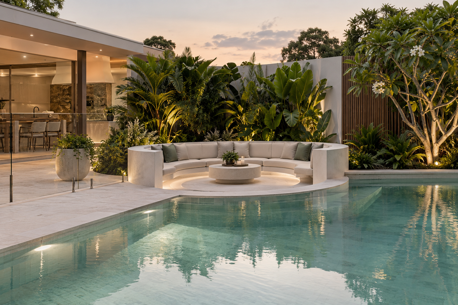 Elegant backyard pool area with a curved white outdoor lounge surrounded by lush green tropical plants, illuminated softly at dusk, with a modern house in the background.