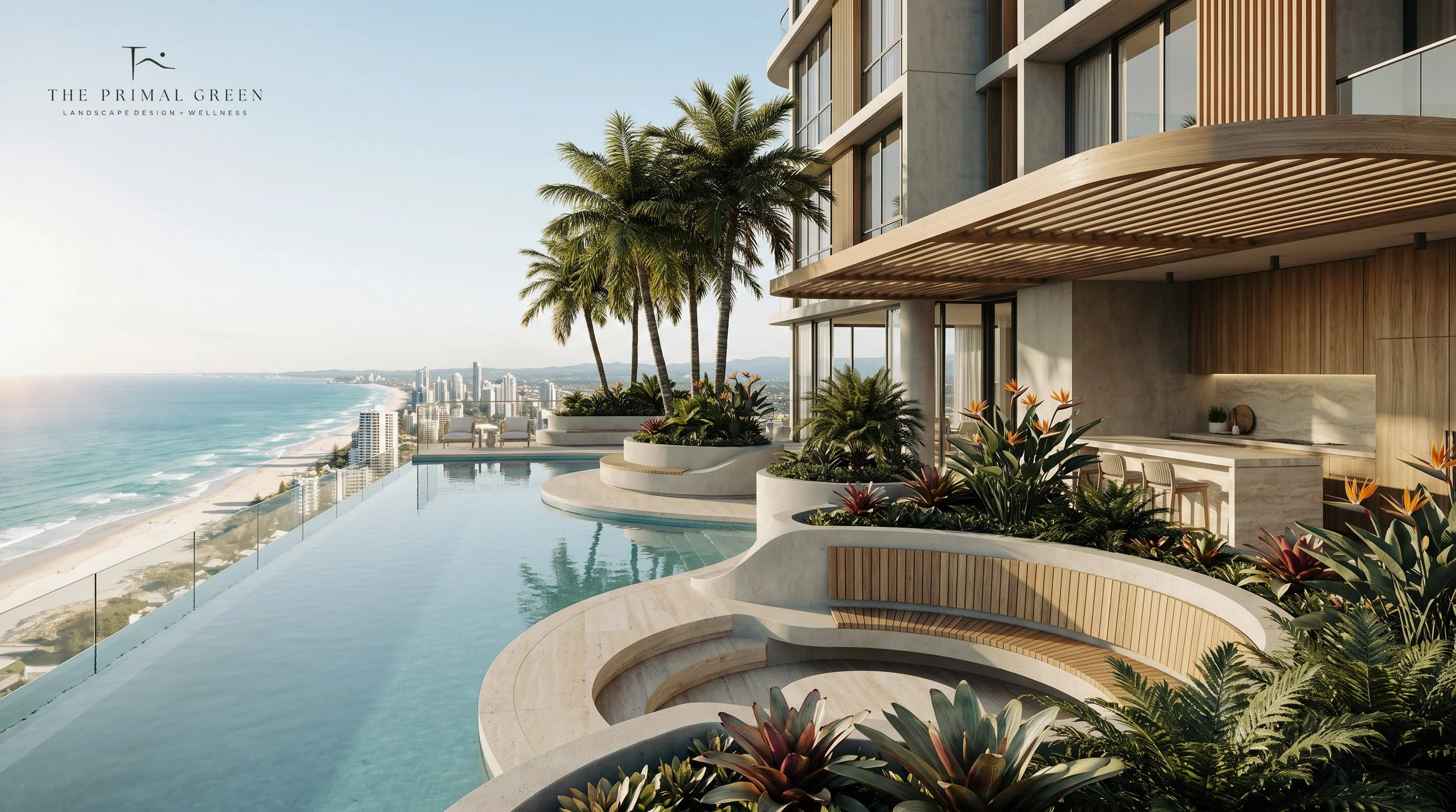 Our concept design for a luxury Gold Coast apartment luxury with a swimming pool and ocean view, modern furniture, tropical plants, blending harmoniously with the city skyline.