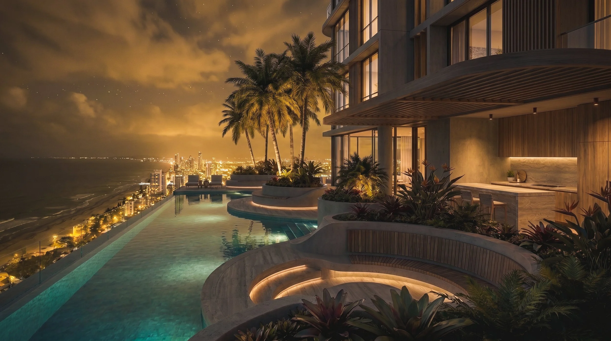 Nightime on the Gold Coast. Our concept design development for a luxury Gold Coast residential high rise apartment complex.