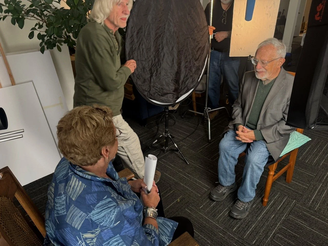 
On set with director Abby Ginzberg, interviewee Robert Reich, and cinematographer Vicente Franco adjusting the lighting. #JudgesUnderFire #RobertReich