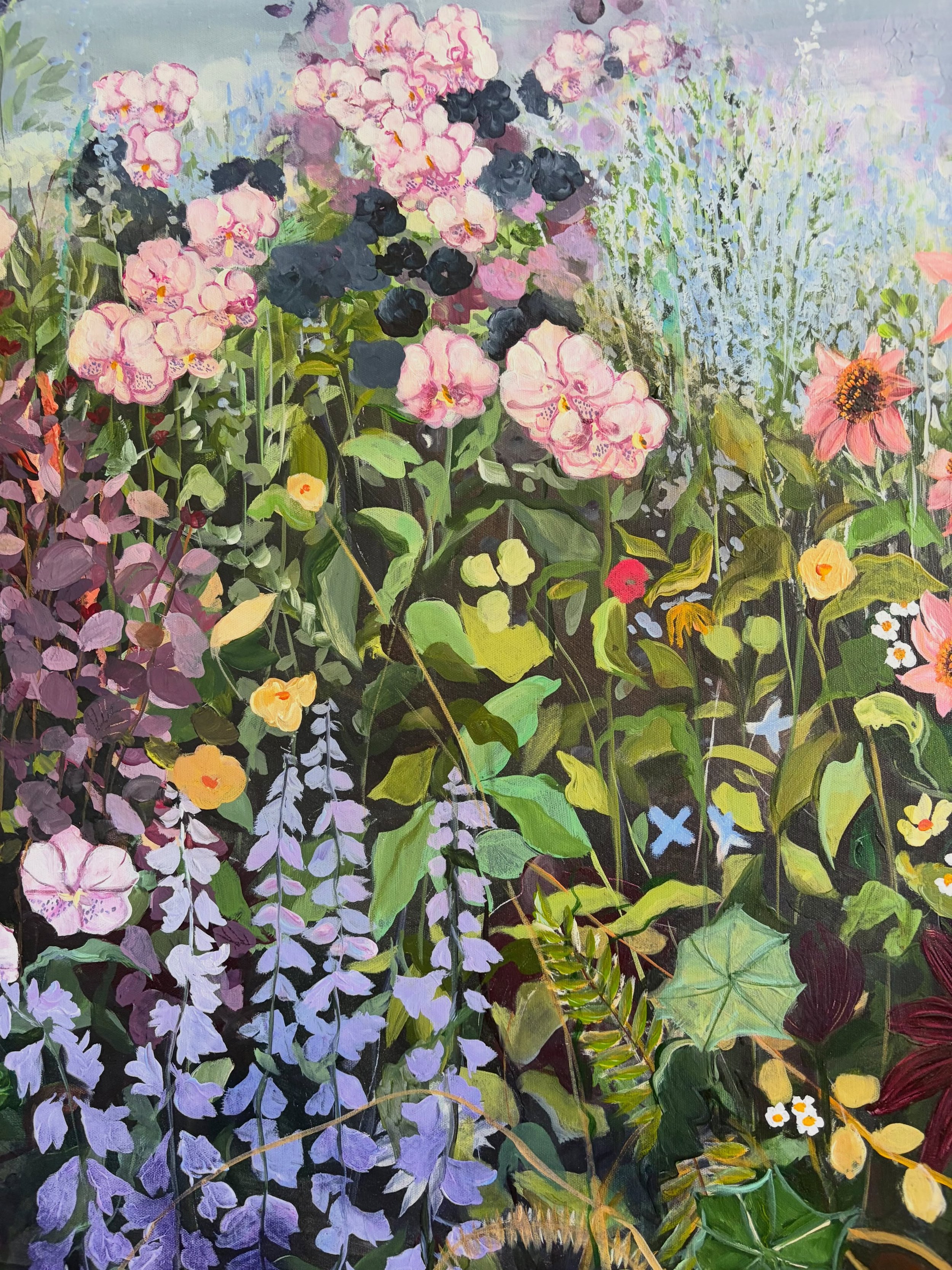 Eliminating AI one dodgy painting reveal at a time 😂 this is what happens when your painting is huge and your studio very small 😅🥳 

This meadow combines my favourite things tangled wildflowers, nostalgia, whimsical florals and a moody sky. 

&lsq