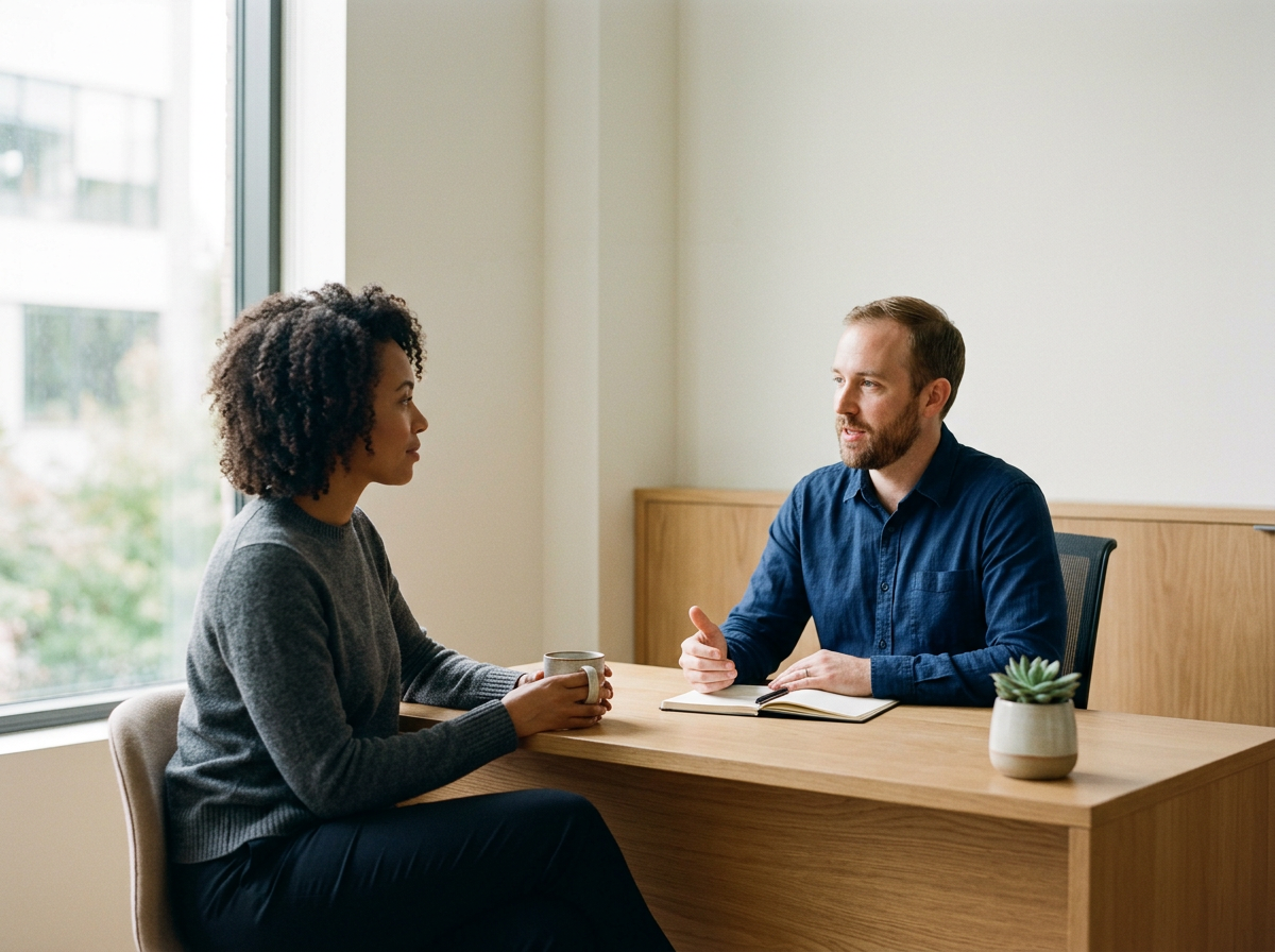 A woman and a man having a conversation in an office, sitting across from each other at a wooden desk. The woman holds a mug, and there is a notebook and a small potted plant on the desk.