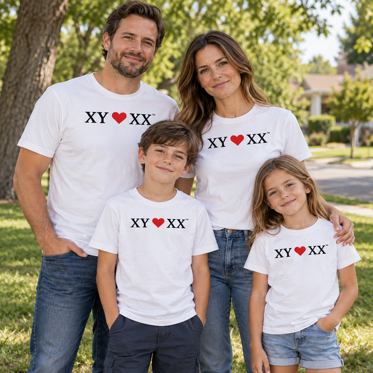 Family in matching XY heart XX tees
