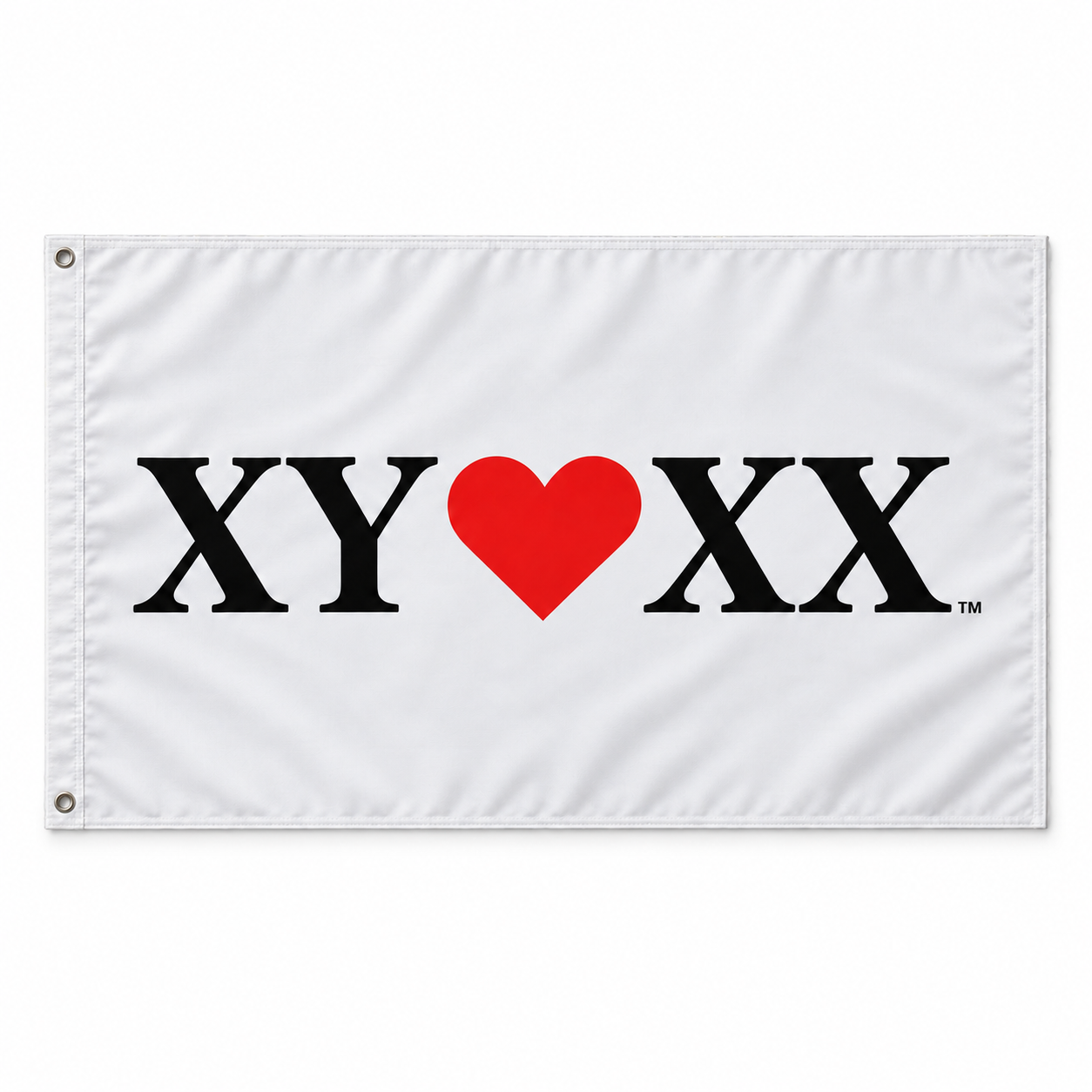 White Classic flag mockup with black XY and XX lettering, a red heart and small TM.