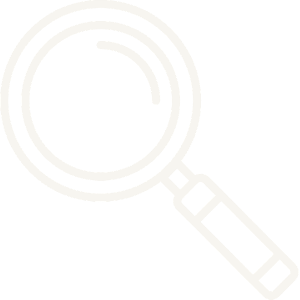 White line drawing of a magnifying glass on a black background.