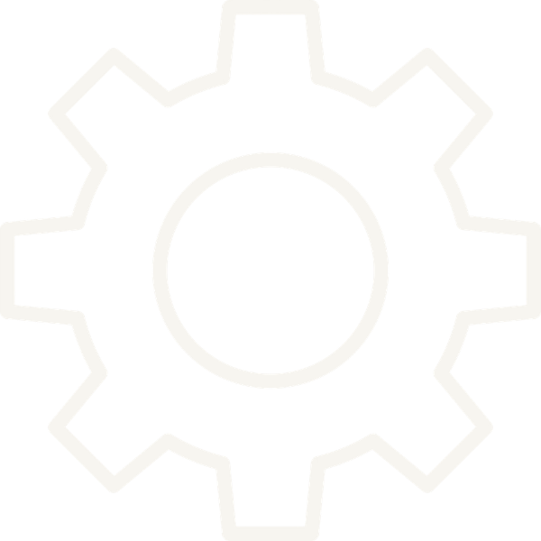 White gear icon on a black background.