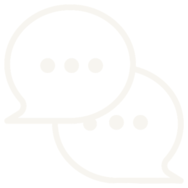 Line drawing of two overlapping speech bubbles with three dots inside each, on a black background.