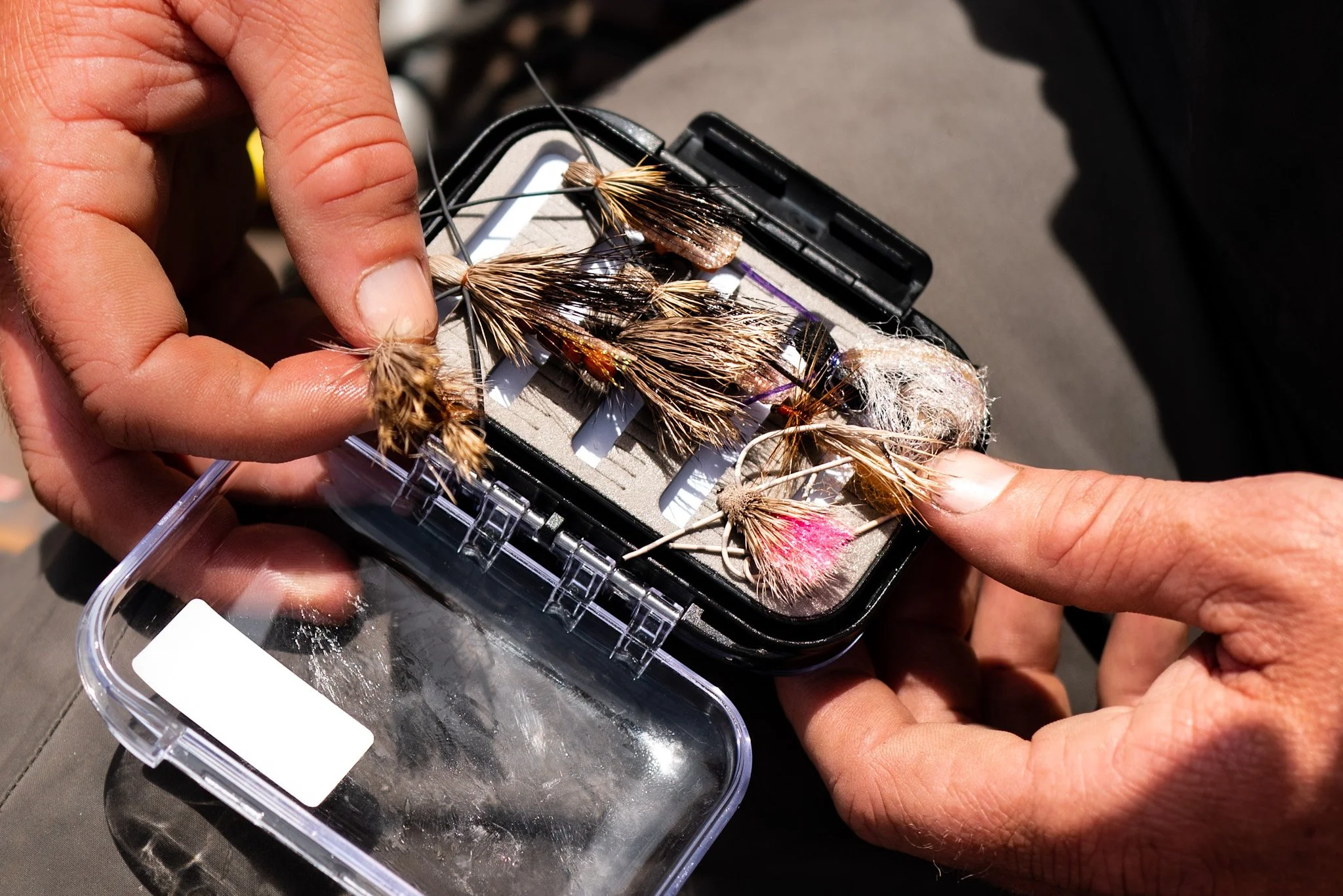 Close-up of a person's hand holding a plastic storage box filled with fishing flies, with other person's hand touching one of the flies.