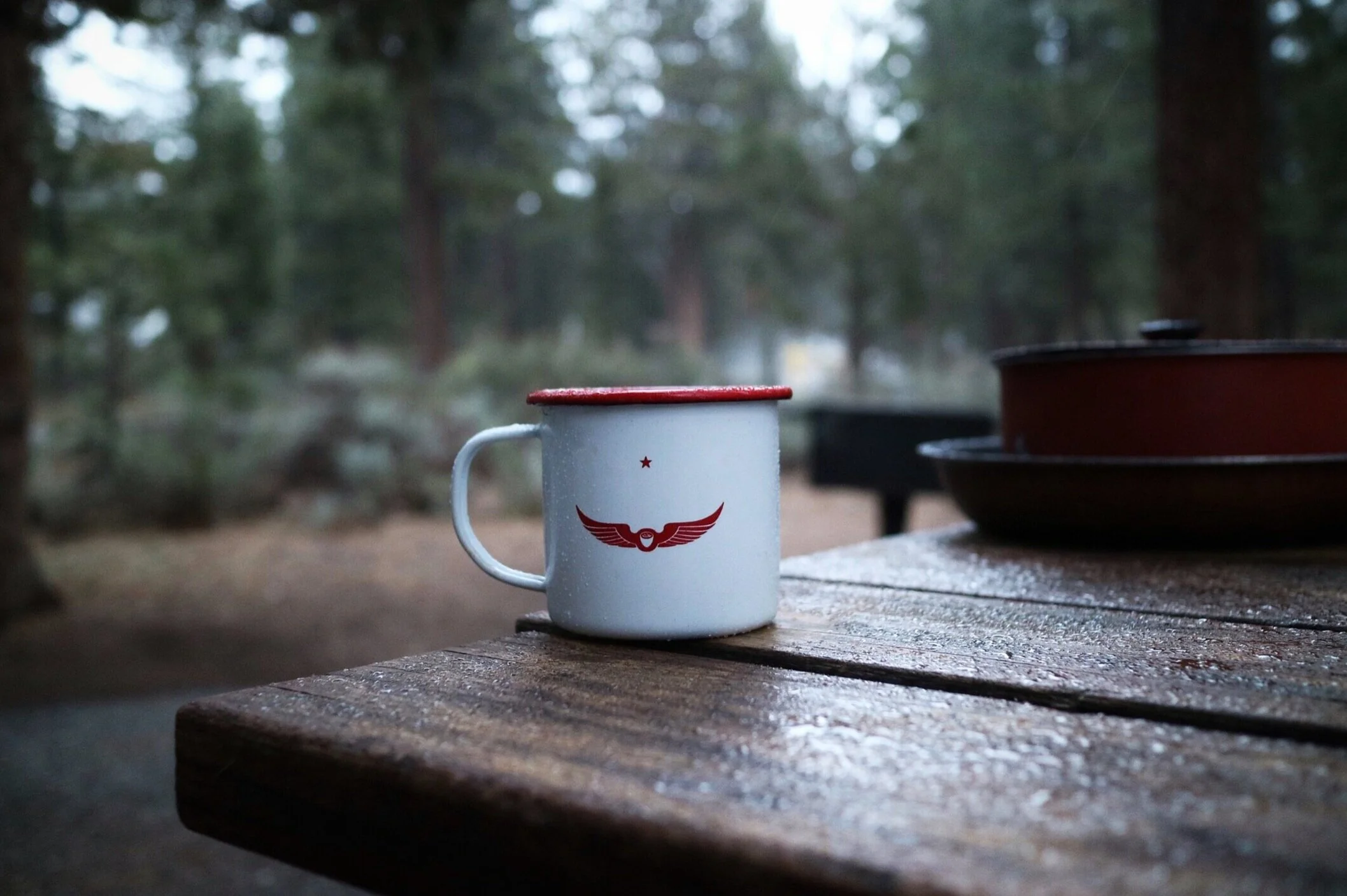 A white enamel mug with a red rim and a red eagle logo on it, placed on a wooden surface outdoors in a forest setting.