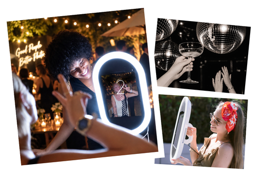 Collage of three images: a woman at a party taking a selfie with a ring light, people dancing with disco balls and holding drinks, and a woman looking into a vanity mirror with a lighted frame and wearing a colorful headband.