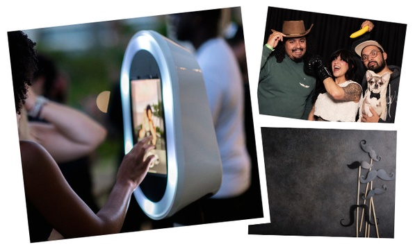 Collage of three images: a woman using a modern photo booth, three friends in costumes with accessories including a banana and cowboy hat, and a close-up of a decorative metal sculpture.