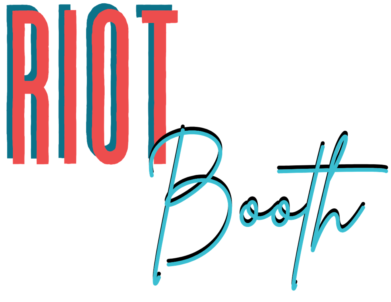 Stylized text reading 'Riot Booth' with 'Riot' in bold red capital letters and 'Booth' in light blue cursive script.