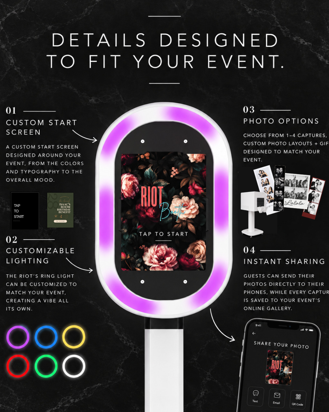 An infographic displaying features of a photo booth for events, showing a central photo booth with customizable lighting, photo options, instant sharing, and a customizable start screen.