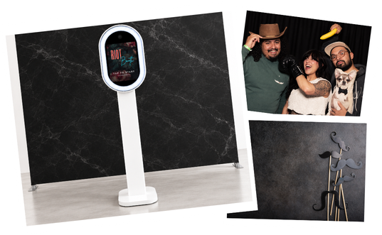 Collage featuring a digital health kiosk, a group of three people and a dog posing with props, and a set of decorative walking canes against a black background.