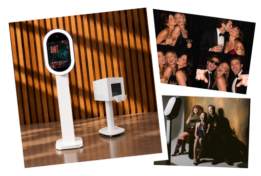 Photo booth machine with a digital screen and a hand sanitizer dispenser against a wooden wall, accompanied by three smaller images of people at a lively party, smiling and posing for photos.