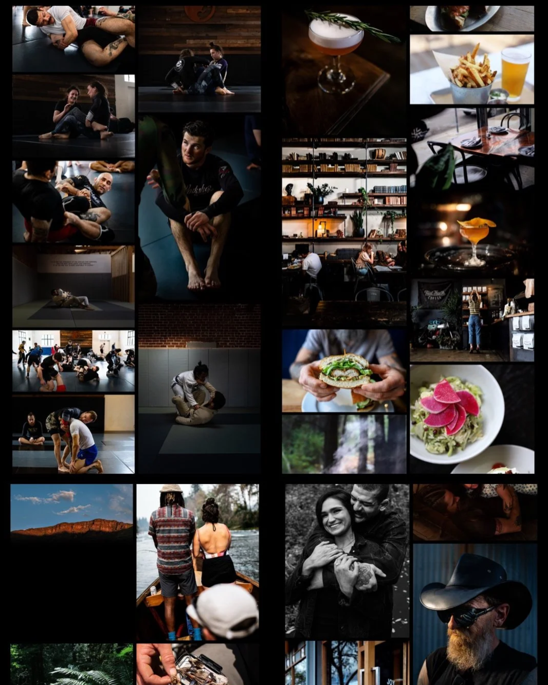 A collage of various scenes including people practicing martial arts, a person holding a sandwich, people socializing in a cafe, a landscape with mountains, a person on a boat with others, and food items like a burger, pasta, and drinks.