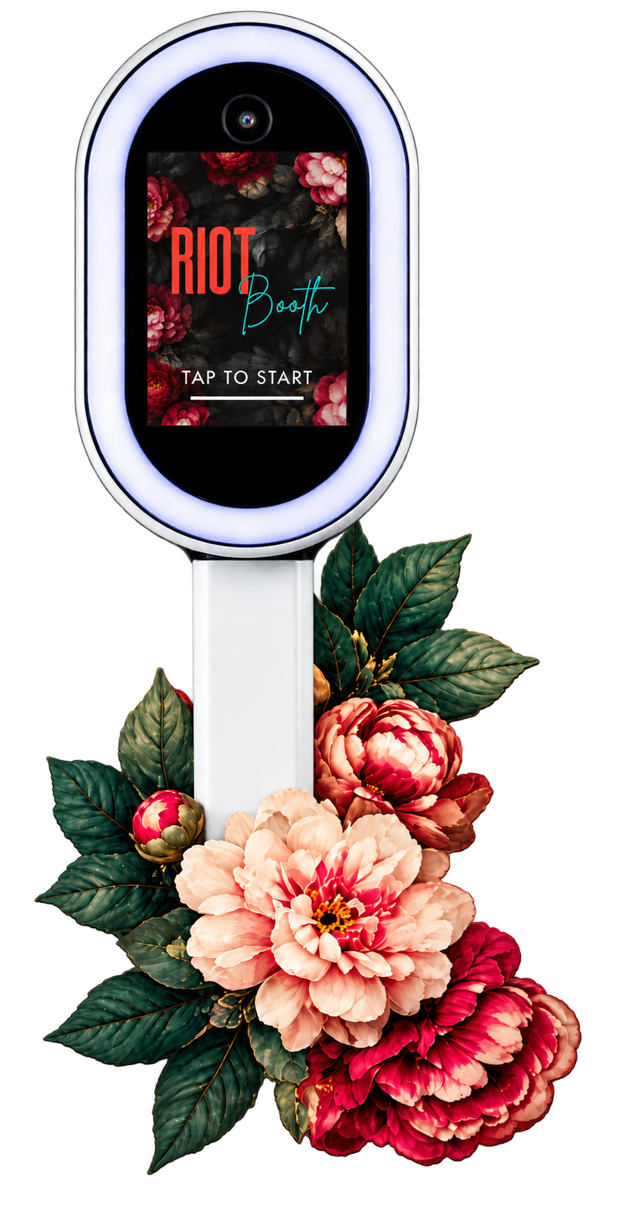 A digital photo booth kiosk surrounded by pink and red peony flowers with green leaves, displaying a screen with the text "RIOT Booth" and a prompt to tap to start.