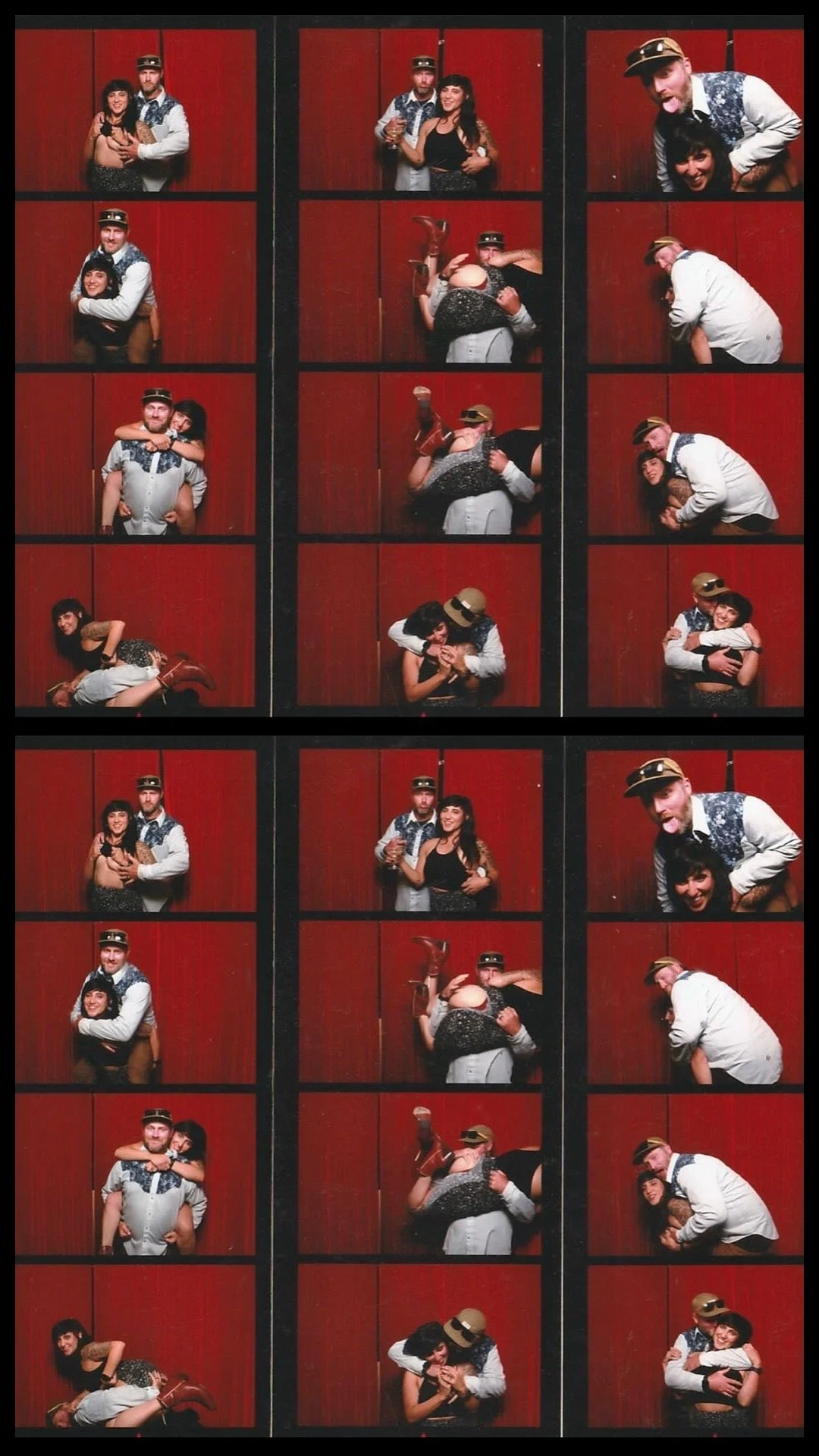 Photo booth strip with three people posing in different funny and affectionate poses against a red background.