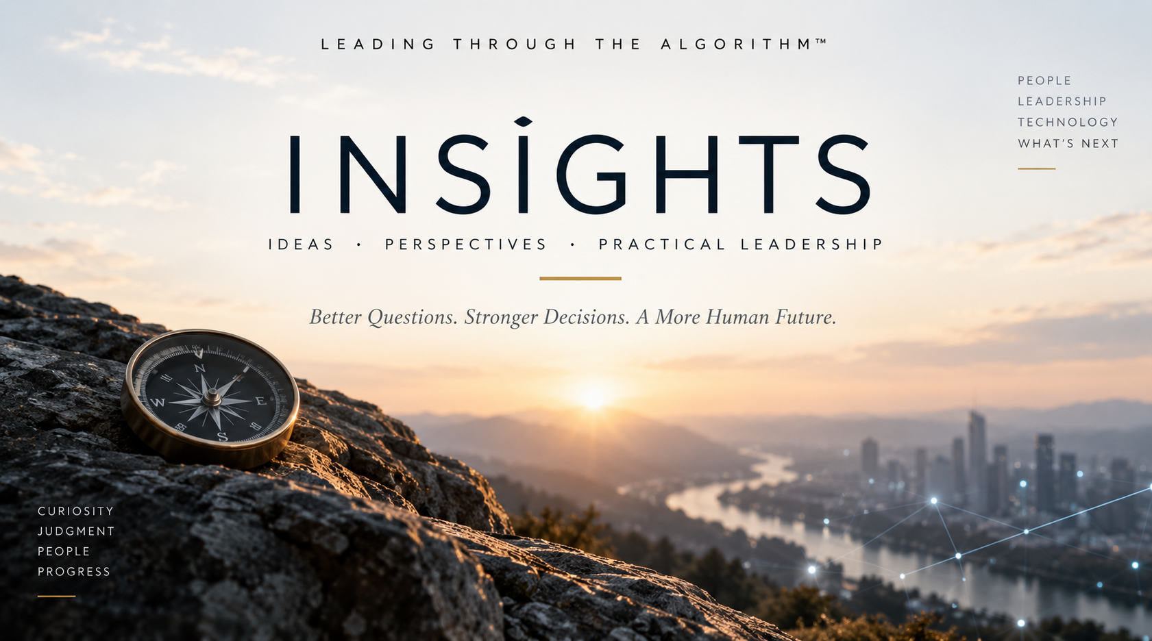 A photograph of a compass placed on a rocky surface overlooking a cityscape at sunrise or sunset, with overlay texts about insights, ideas, perspectives, leadership, and technology.
