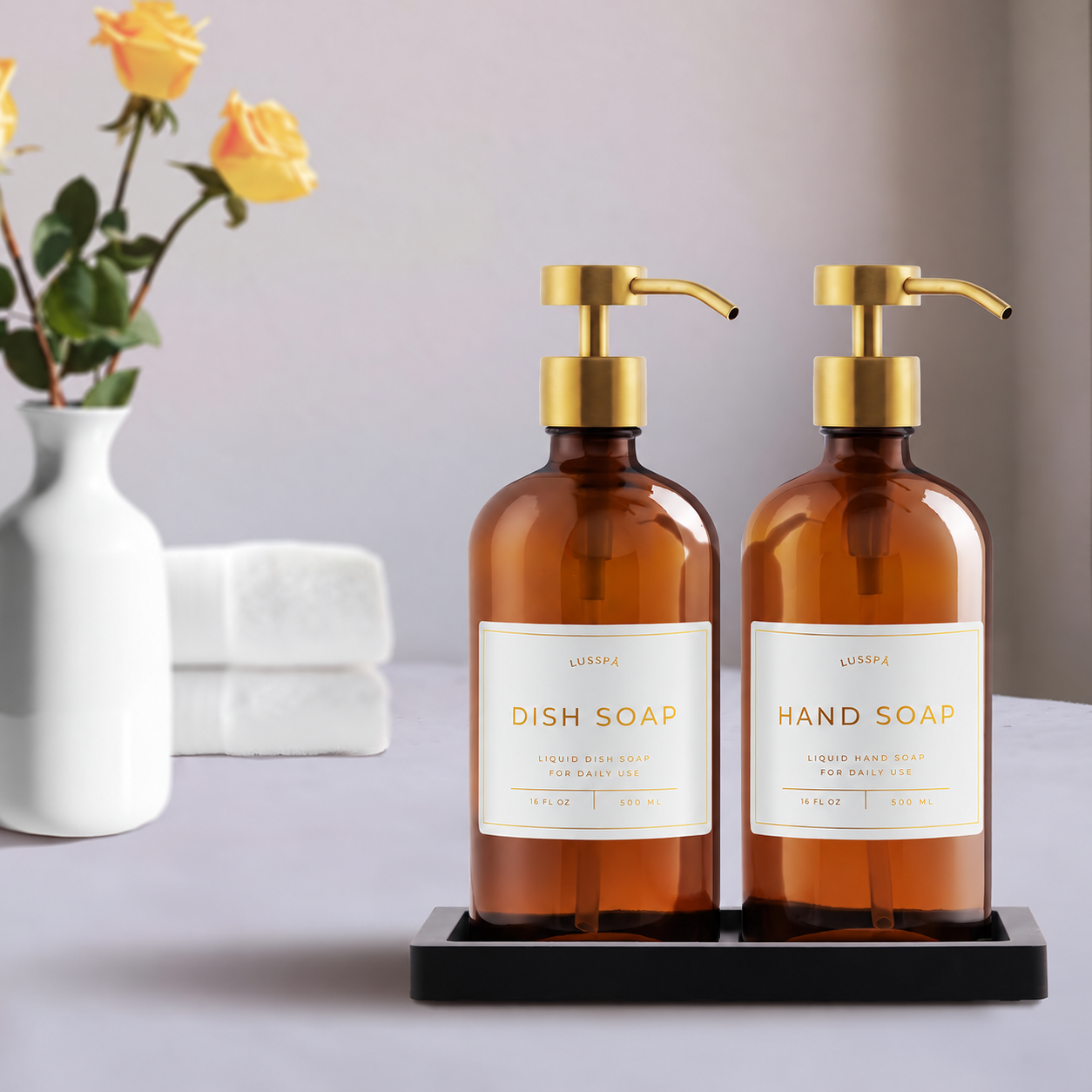 Glass Soap Dispenser Set of 2 (Amber) with Silicone Tray
