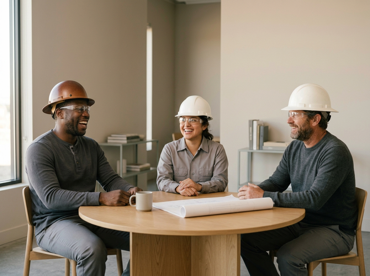 Three people, two men and one woman, wearing safety helmets and glasses, sitting at a round table in an office, engaged in conversation and smiling.