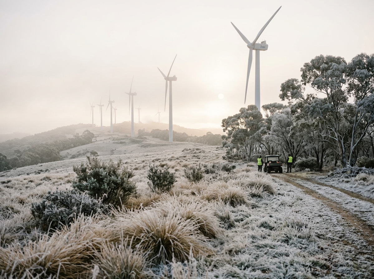Wind turbines on a snowy landscape with two people in reflective vests near a vehicle on a dirt road, trees covered in snow, and a foggy sky with the sun partially visible.