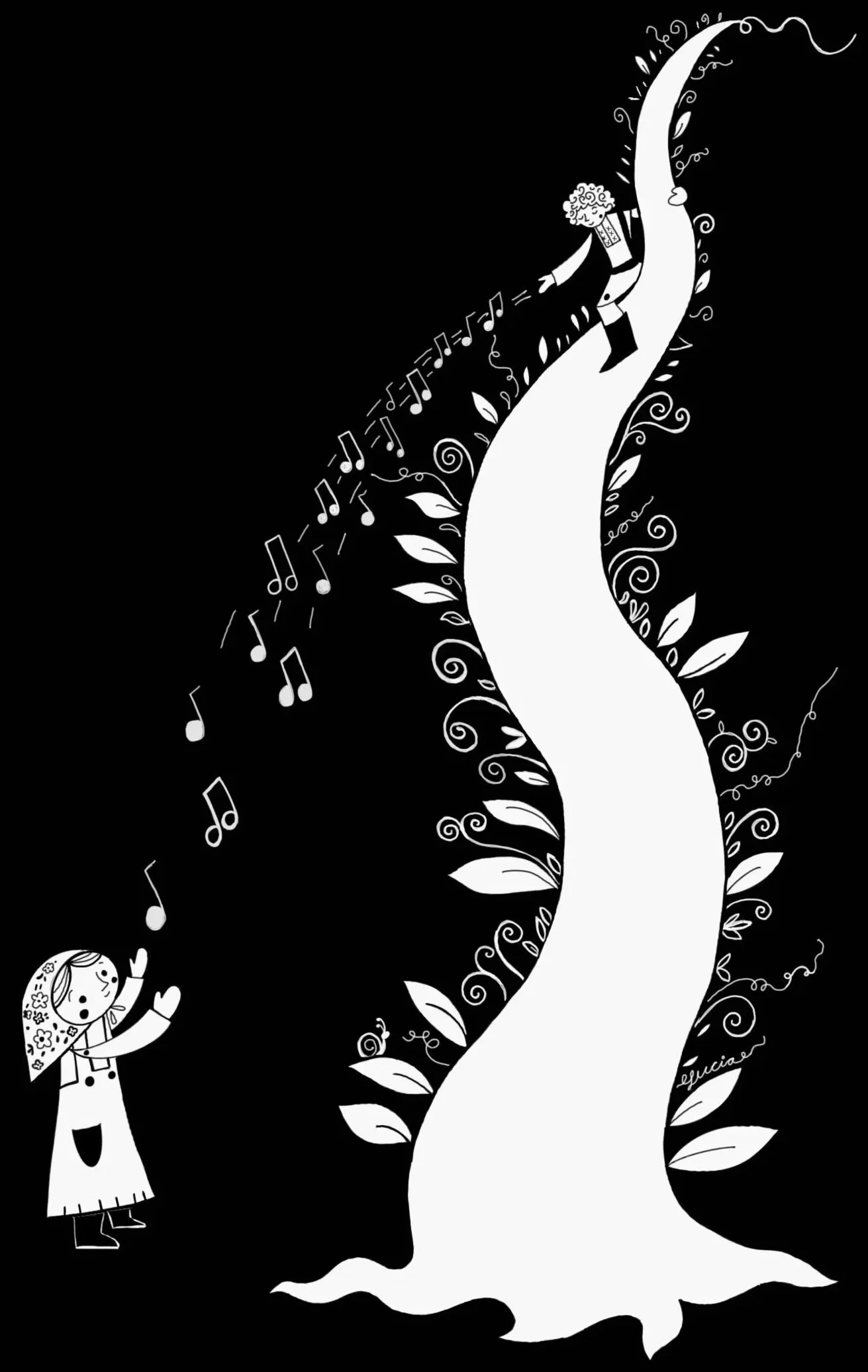 Black and white illustration of a girl waving at a large, whimsical tree with swirling branches and leaves. A child in the tree is playing music with musical notes flowing from her. The scene is playful and imaginative.
