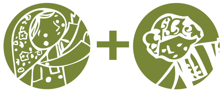 Two circular logos, one with a stylized girl with a bow in her hair and a crown, and the other with a stylized boy with curly hair and a striped shirt, separated by a plus sign.