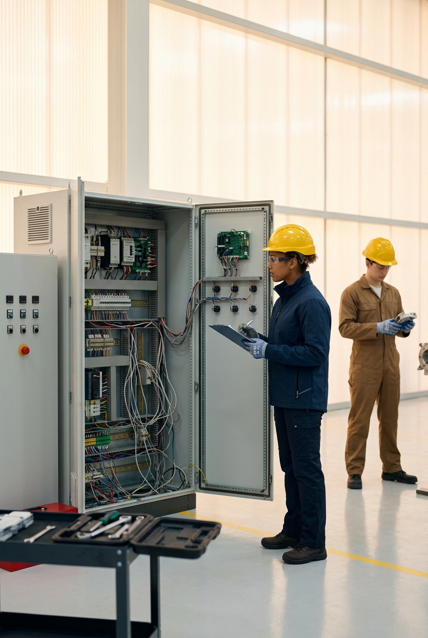 Dos técnicos con casco amarillo revisando un gabinete de control eléctrico en un taller industrial.
