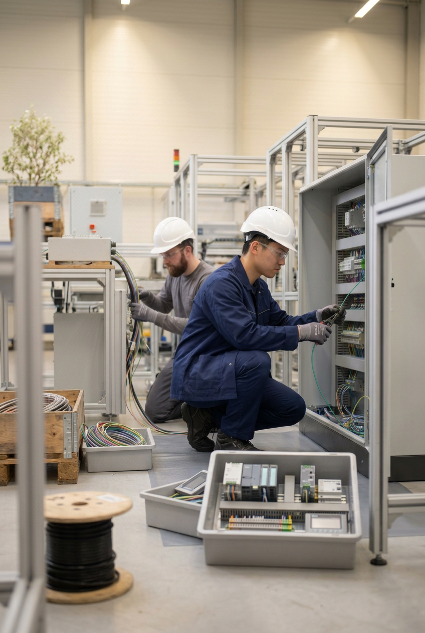 Dos ingenieros trabajando en un panel eléctrico en una fábrica, usando cascos de seguridad y guantes.