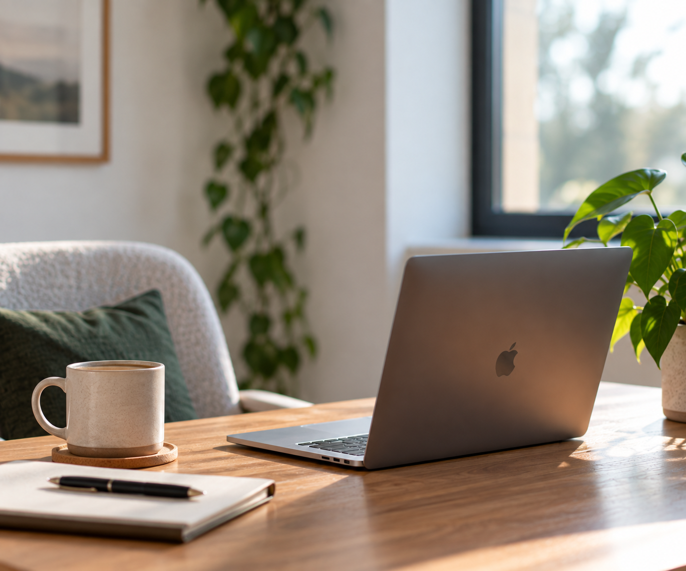 A workspace featuring an Apple MacBook on a wooden desk, a mug on a coaster, a closed notebook with a pen, and green houseplants near a window with sunlight.