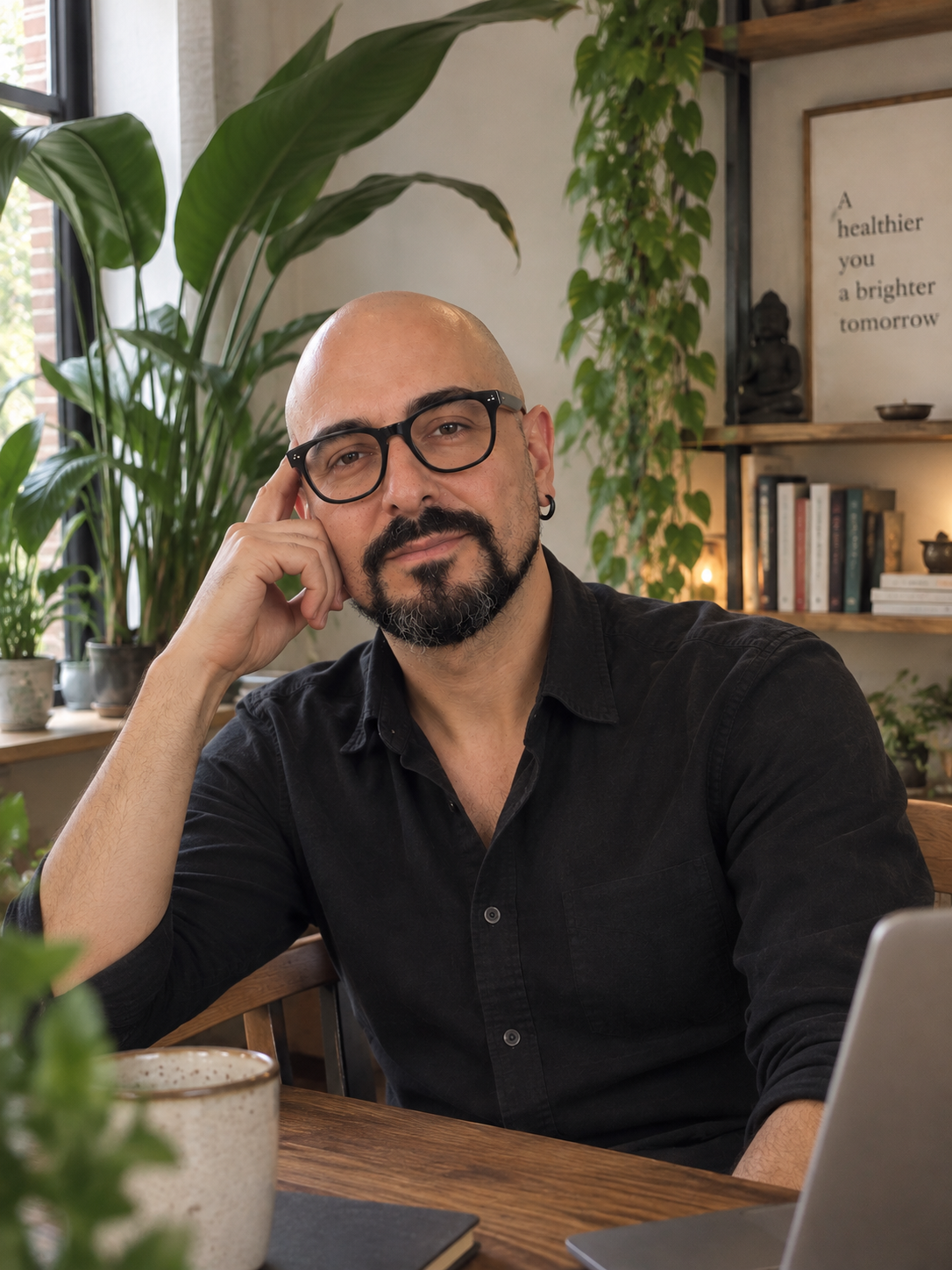 A man with glasses and a beard, sitting at a wooden table in a room with abundant green plants, looking at the camera with a thoughtful expression, surrounded by books and decorative items.