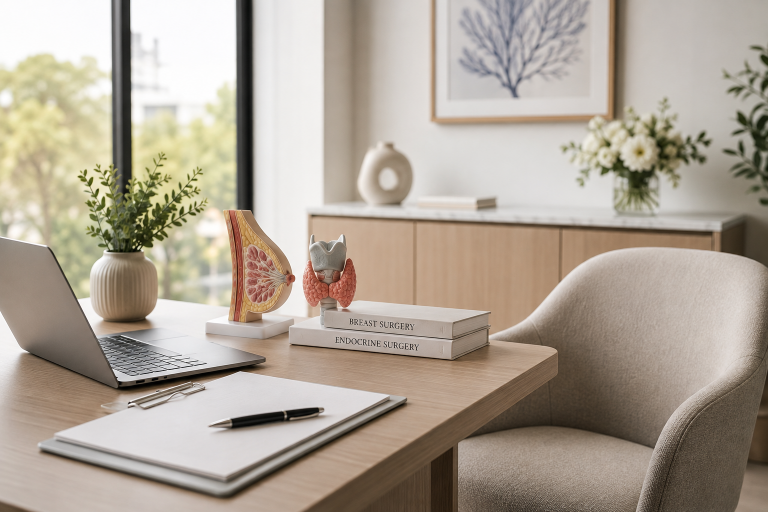 Medical books titled 'Breast Surgery' and 'Endocrine Surgery' on a wooden desk in an office with a laptop, green plants, and decorative objects.