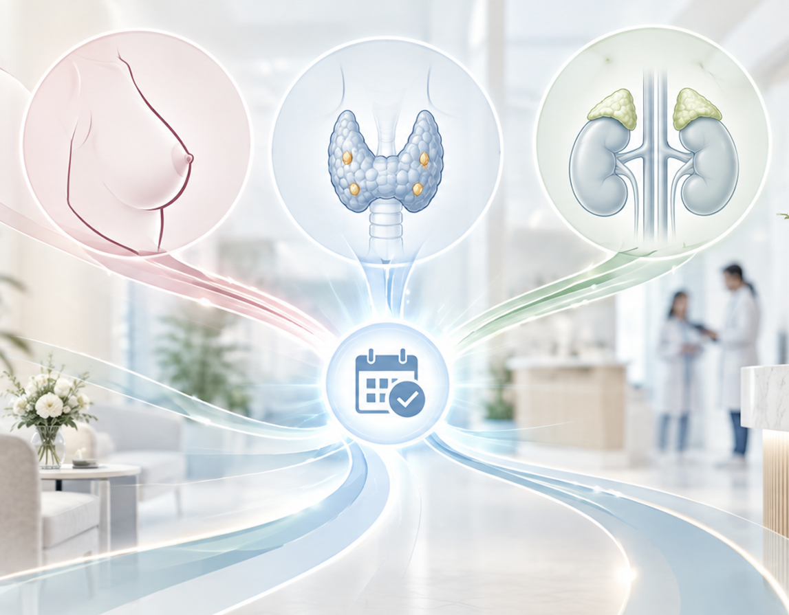 Illustration showing female breast, thyroid and parathyroid glands, and adrenals, connected to a calendar icon with a check mark, representing health monitoring or medical checkups.