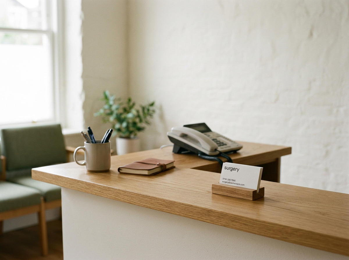 Reception desk with a landline phone, a notebook, a mug with pens, and a small sign labeled "surgery."